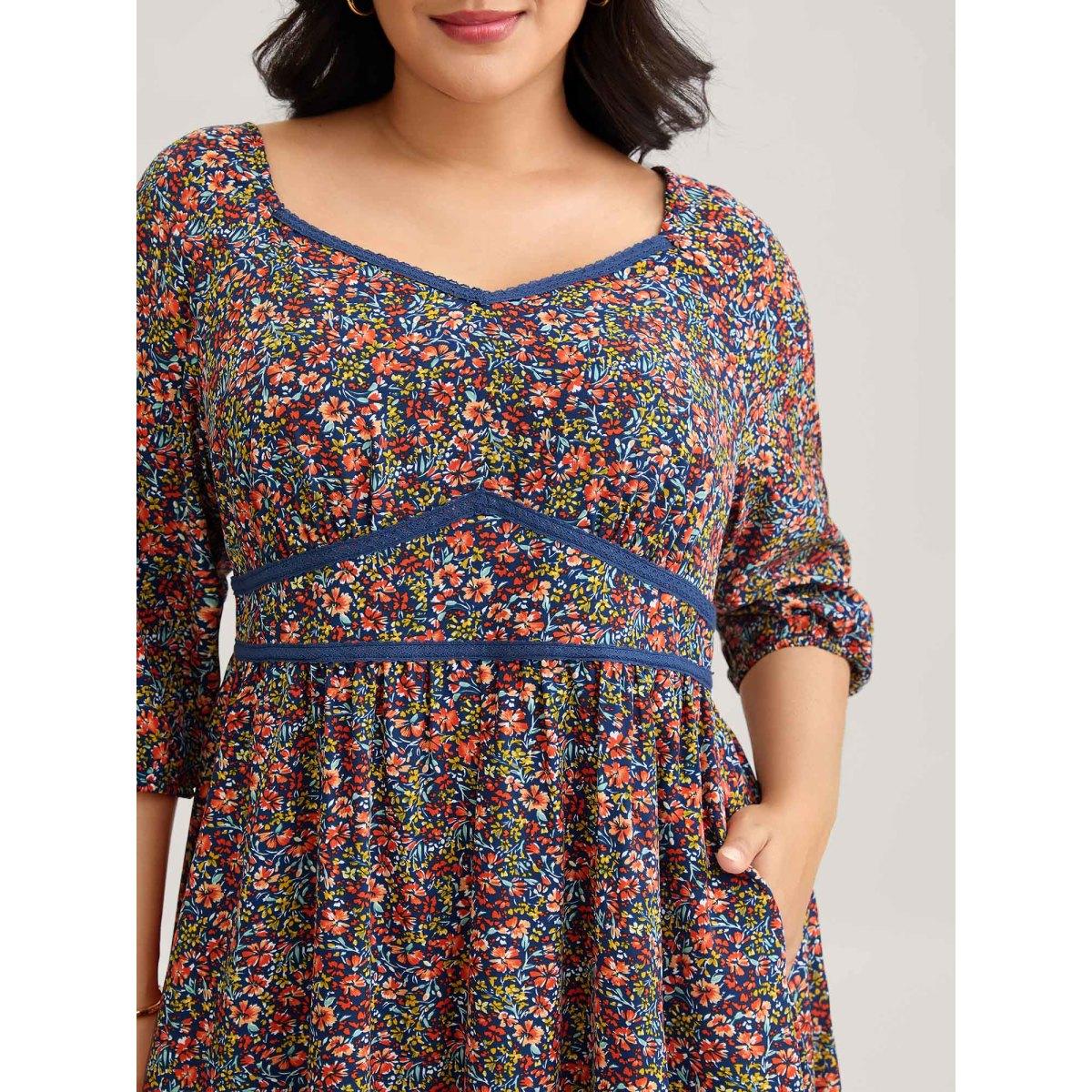 Plus Size Ditsy Floral Woven Ribbon Maxi Dress Navy Women Timeless Woven ribbon&lace trim Heart neckline Elbow-length sleeve Curvy BloomChic 18-20/2X Product Image