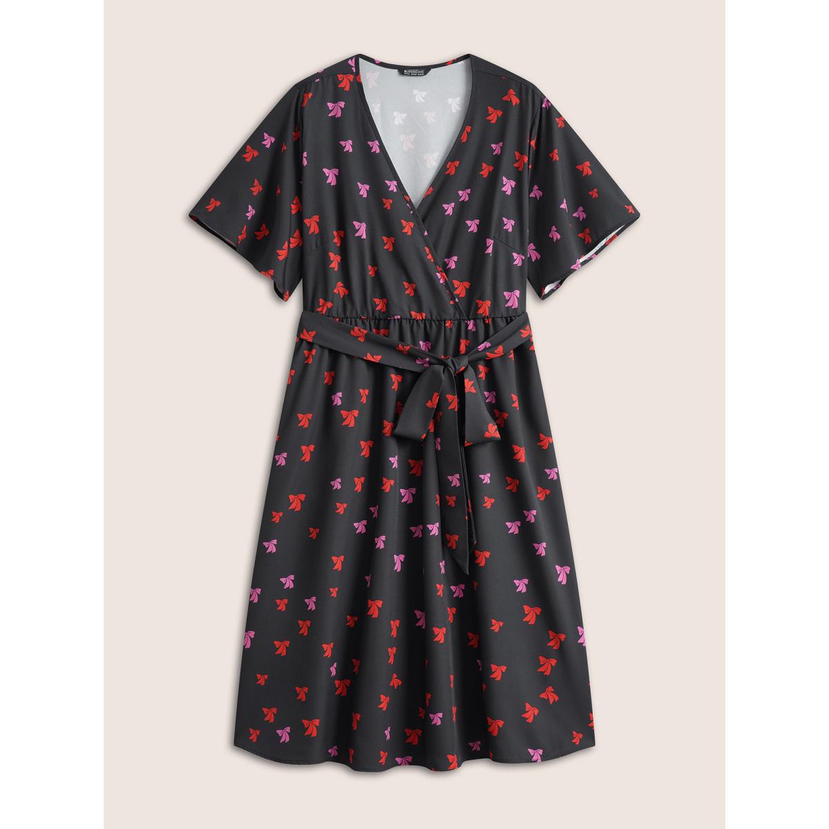 Plus Size Bowknot Overlap Collar Pocket Belted Dress Black Women Elegant Non Overlap Collar Short sleeve Curvy Midi Dress BloomChic 22-24/3X Product Image