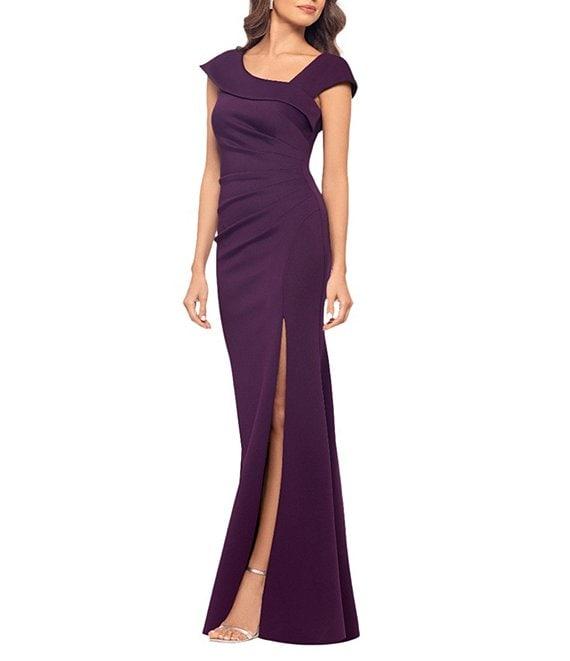 Xscape Asymmetrical Neckline Cap Sleeve Ruched Scuba Crepe Sheath Gown Product Image