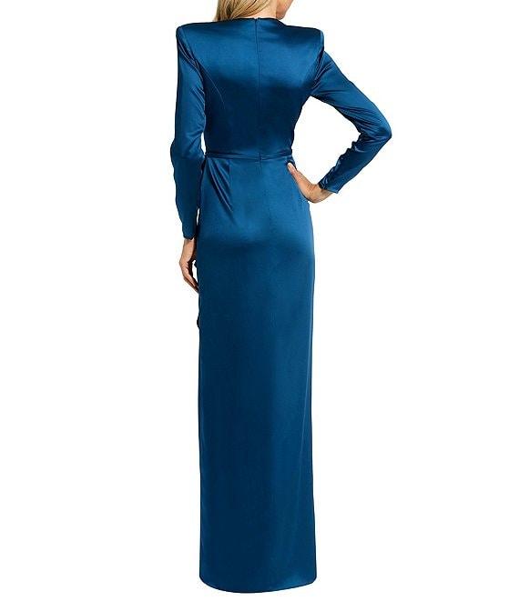 Mac Duggal Long Sleeve Crew Neck Ruched Waist Draped Bow Thigh High Slit Satin A-Line Gown Product Image