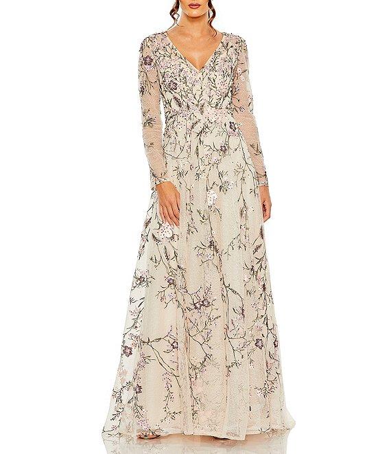 Mac Duggal Floral Embroidered Mesh Overlay V-Neck Illusion Long Sleeve A-Line Gown Product Image