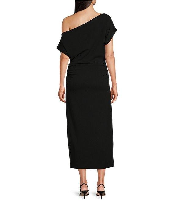 Gibson & Latimer Crepe Knit Asymmetric Neck One Shoulder Off-the-Shoulder Short Sleeve Ruched Sheath Midi Dress Product Image
