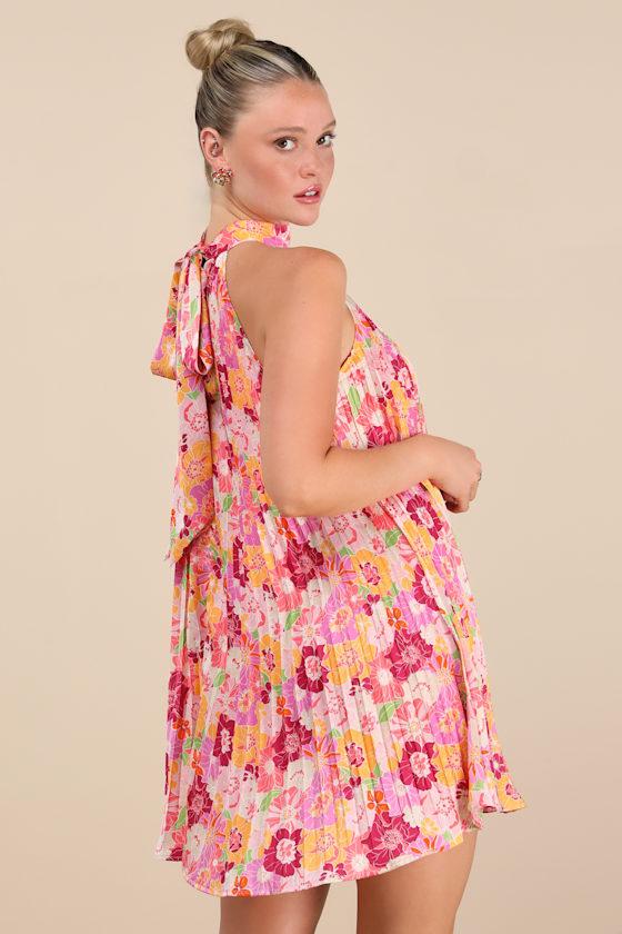 Ceslie Pink Multi Floral Pleated Shift Mini Dress Product Image