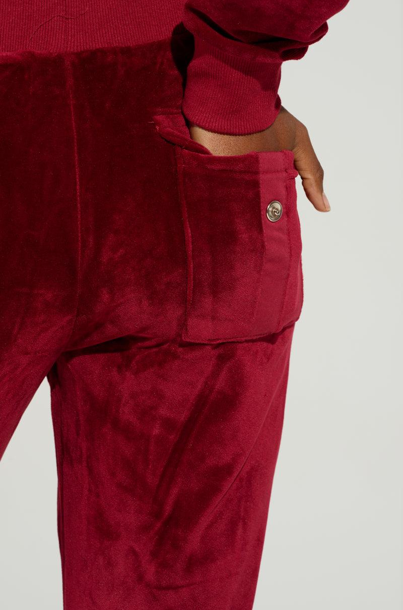 VELOUR GALORE FLARED  LEG JOGGER IN BURGUNDY Product Image