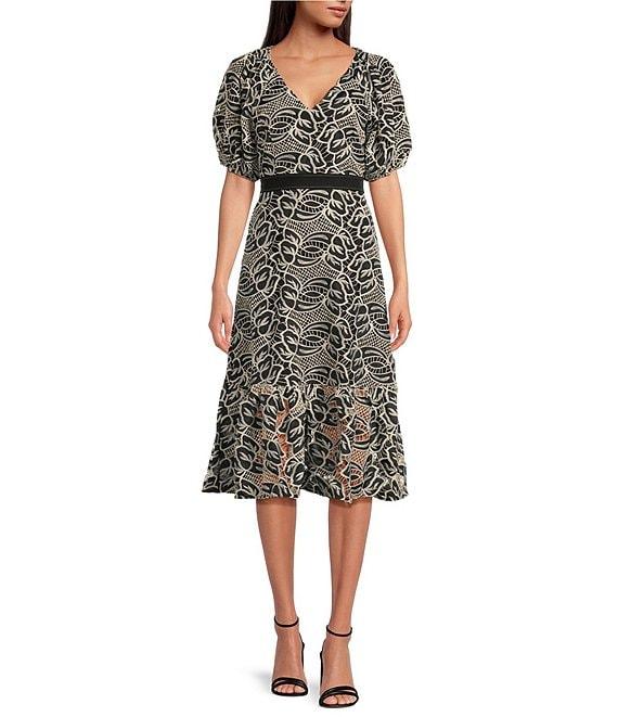 Sam Edelman Printed V-Neck Artisanal Puff Sleeves Fit & Flare Midi Dress Product Image