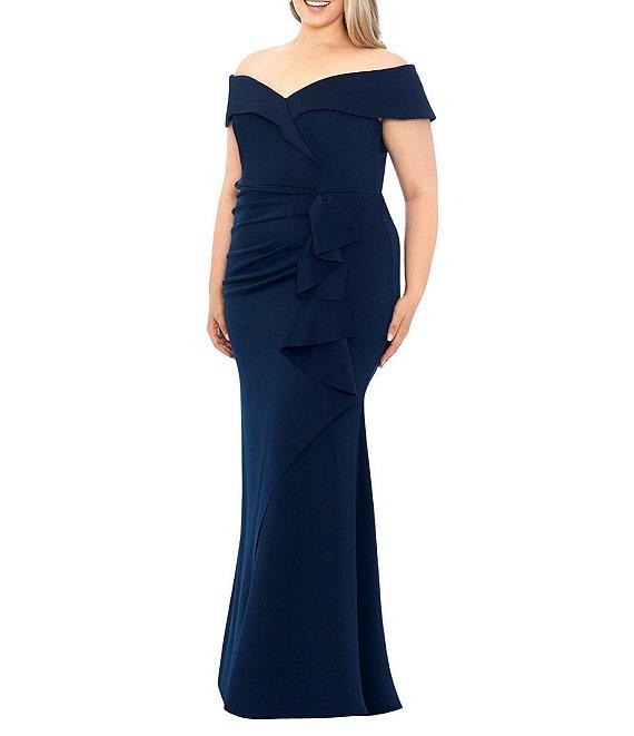 Xscape Plus Size Sleeveless Sweetheart Neck Cascade Ruffled Long Scuba Crepe Dress Product Image