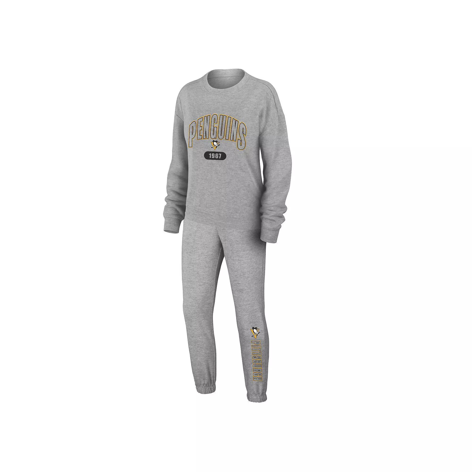 Women's WEAR by Erin Andrews Heather Gray Pittsburgh Penguins Knit Long Sleeve Tri-Blend T-Shirt & Pants Sleep Set,  Product Image