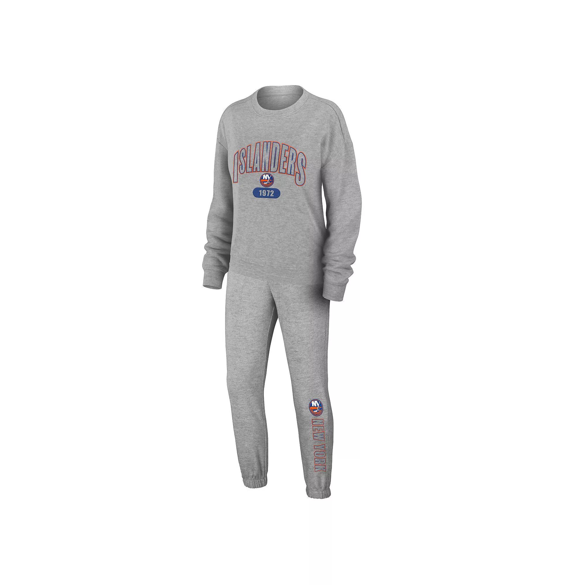 Women's WEAR by Erin Andrews Heather Gray New York Islanders Knit Long Sleeve Tri-Blend T-Shirt & Pants Sleep Set,  Product Image