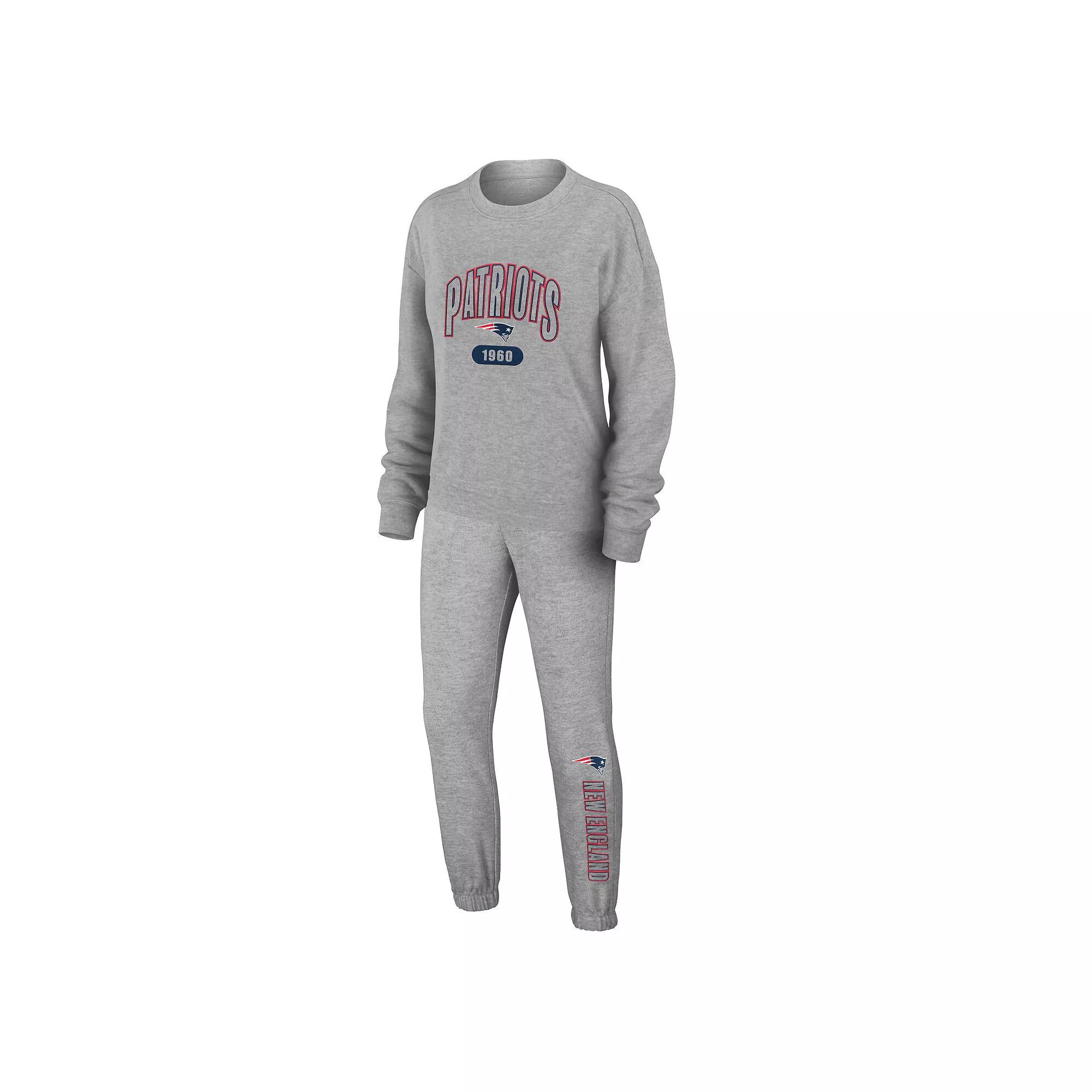 Women's WEAR by Erin Andrews Heather Gray New England Patriots Knit Long Sleeve Tri-Blend T-Shirt & Pants Sleep Set,  Product Image
