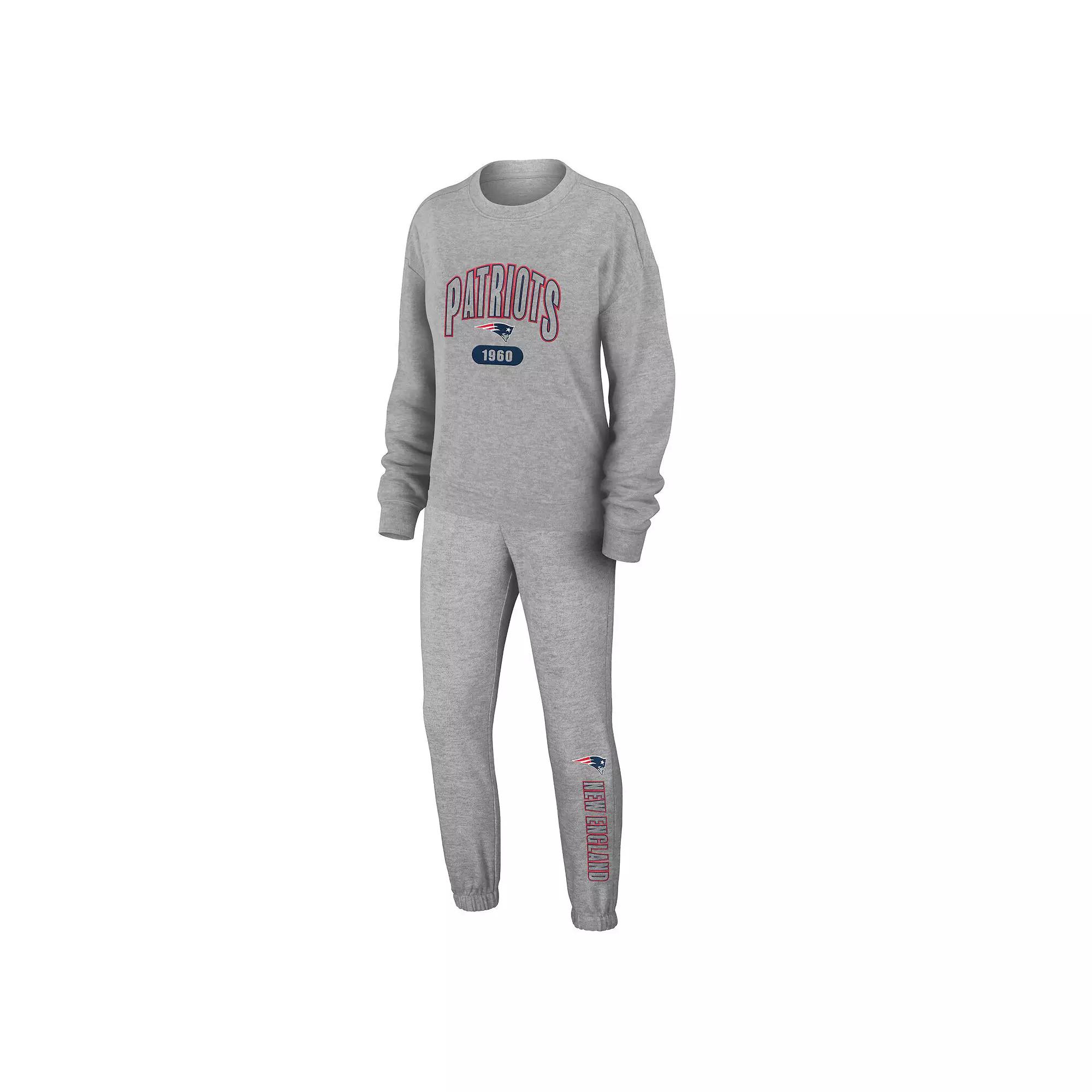Women's WEAR by Erin Andrews Heather Gray New England Patriots Knit Long Sleeve Tri-Blend T-Shirt & Pants Sleep Set,  Product Image