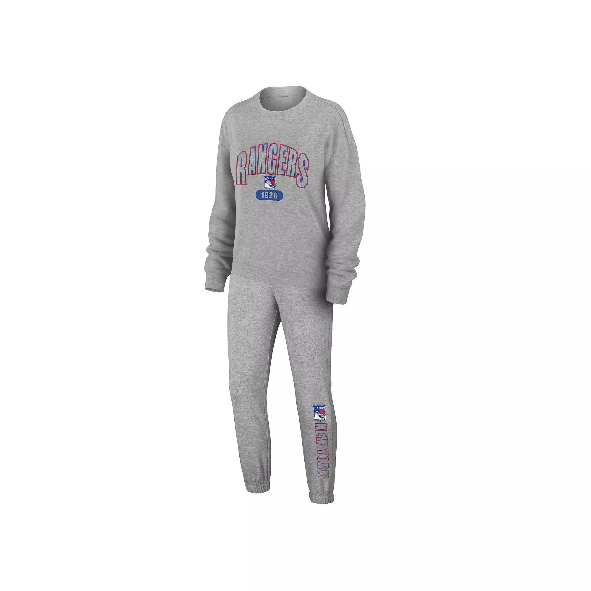 Women's WEAR by Erin Andrews Heather Gray New York Rangers Knit Long Sleeve Tri-Blend T-Shirt & Pants Sleep Set,  Product Image
