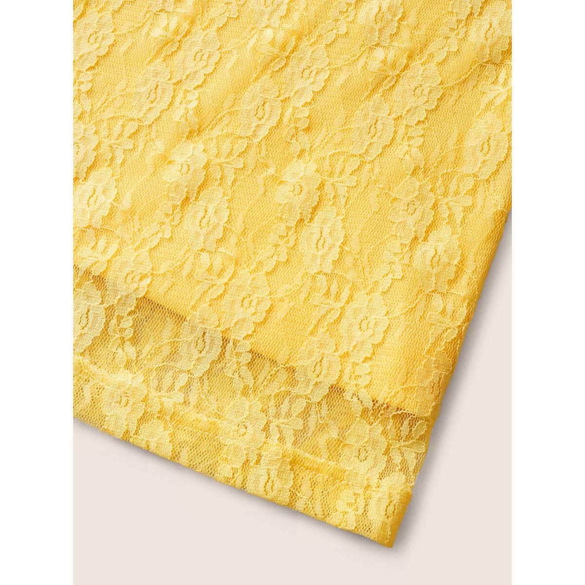 Plus Size Crochet Lace Mesh Ruffle Sleeve Dress Yellow Women Elegant Woven ribbon&lace trim Square Neck Short sleeve Curvy BloomChic 26/4X Product Image