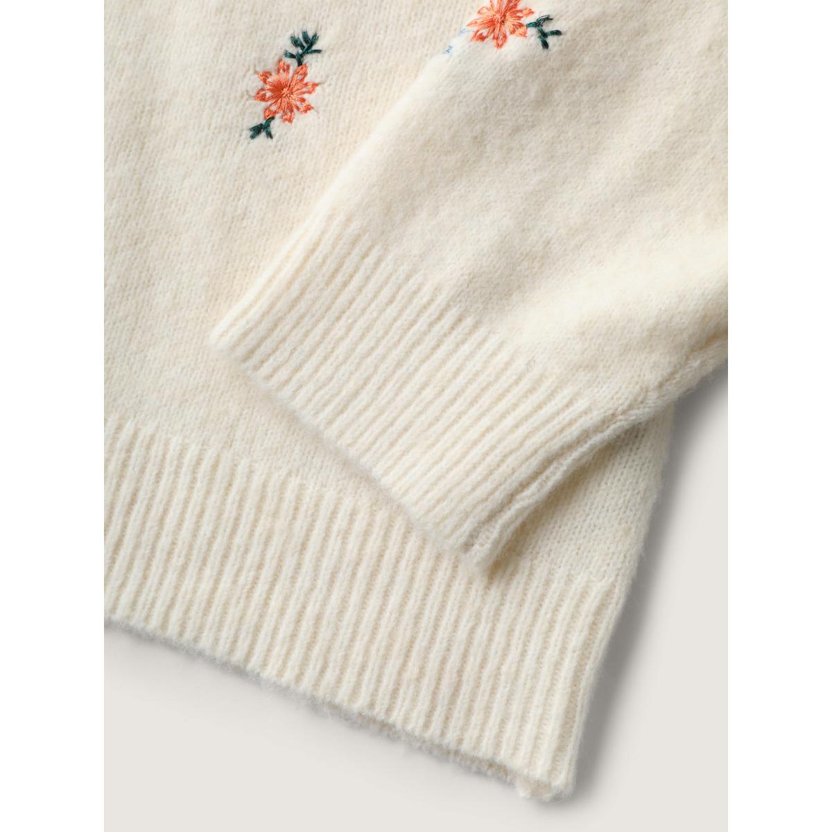 Plus Size Micro Floral Embroidery Ribbed Hem Pullover Ivory Women Leisure Loose Long Sleeve Round Neck Casual Pullovers BloomChic 12/L Product Image