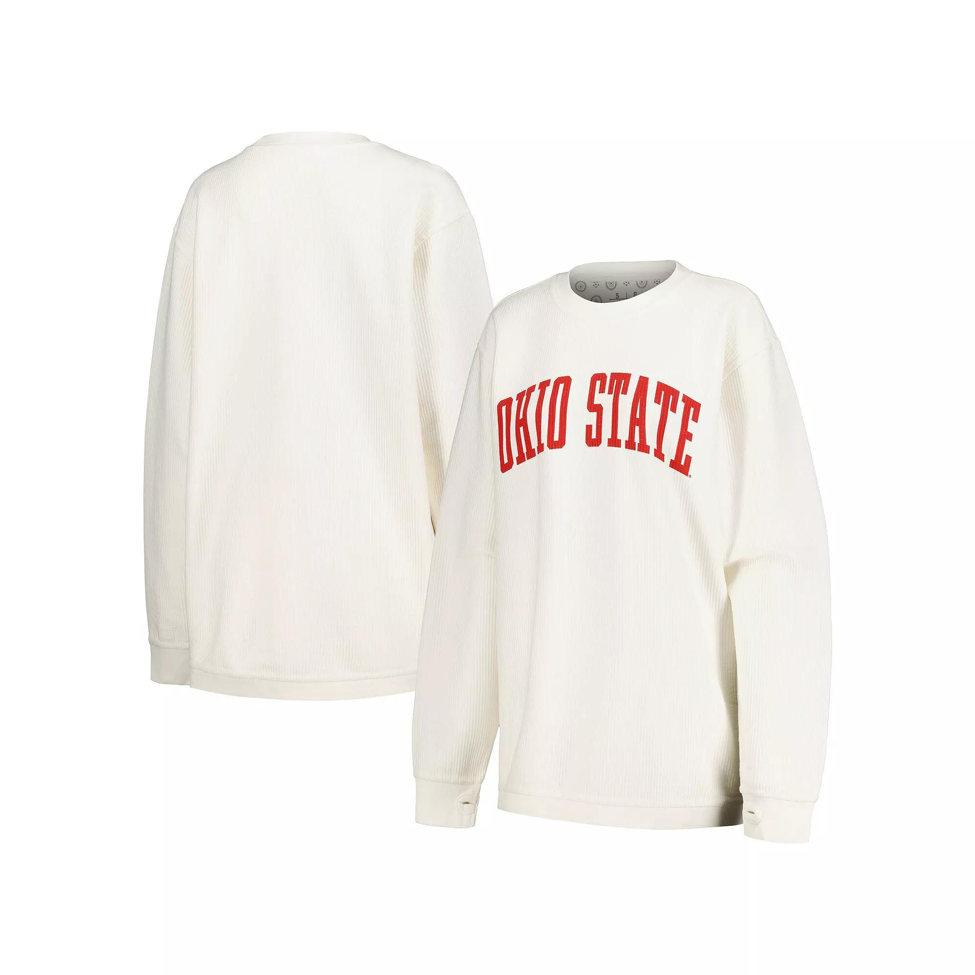 Women's Pressbox White Ohio State Buckeyes Comfy Corded Vintage Wash Basic Arch Pullover Sweatshirt,  Product Image