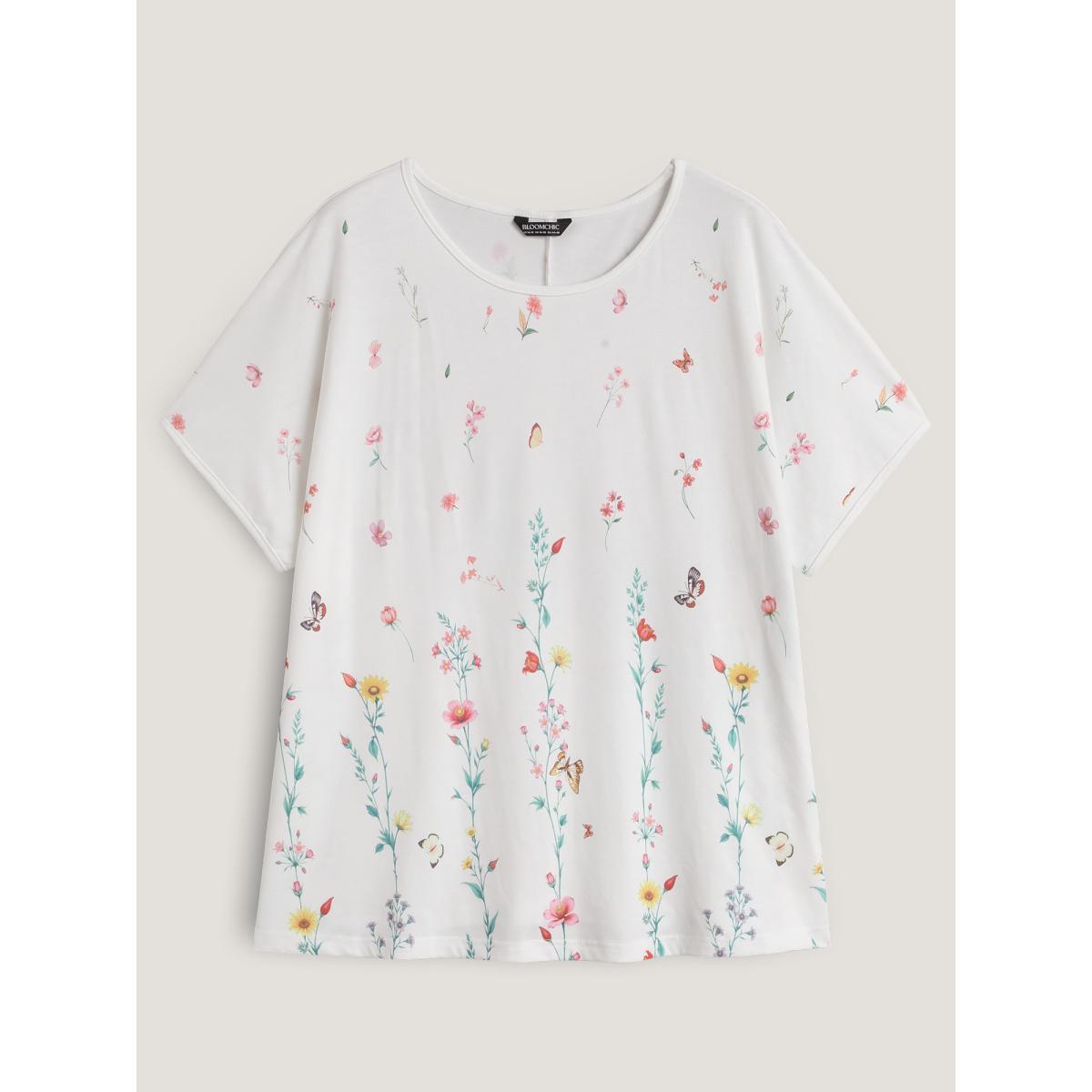 Plus Size Stretchy Floral Print Round Neck T-Shirt Originalwhite Women Leisure Non Natural Flowers Round Neck Loose Casual T-shirts BloomChic 26/4X Product Image