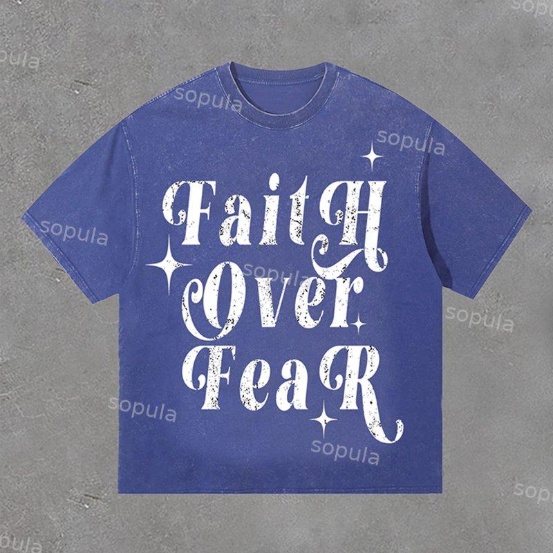 Sopula Faith Over Fear Print Casual Acid Washed T-Shirt Product Image