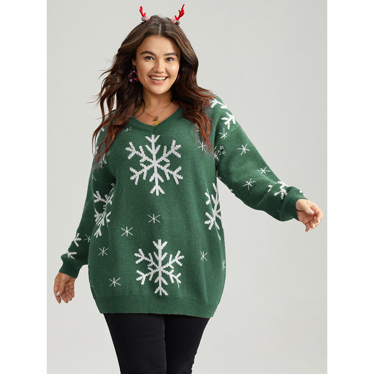 Plus Size Anti-Pilling Snowflake Print Pullover DarkBrown Women Playful Loose Long Sleeve V-neck Casual Pullovers BloomChic 12/L Product Image