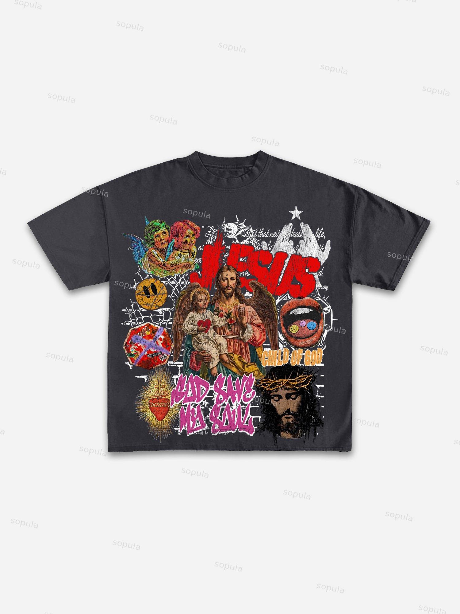 Jesus Graffiti Portrait Print Cotton T-shirt Product Image