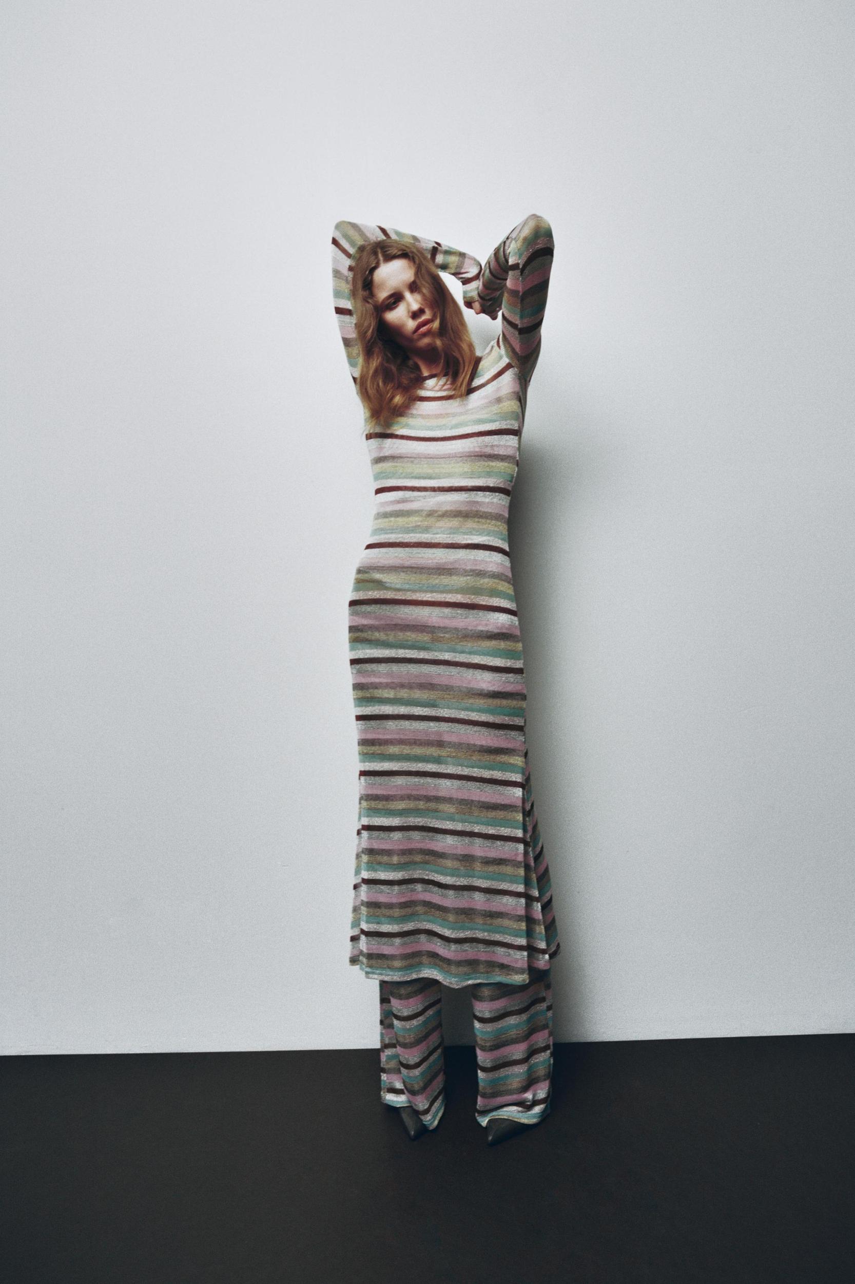 METALLIC THREAD STRIPED LONG DRESS Product Image