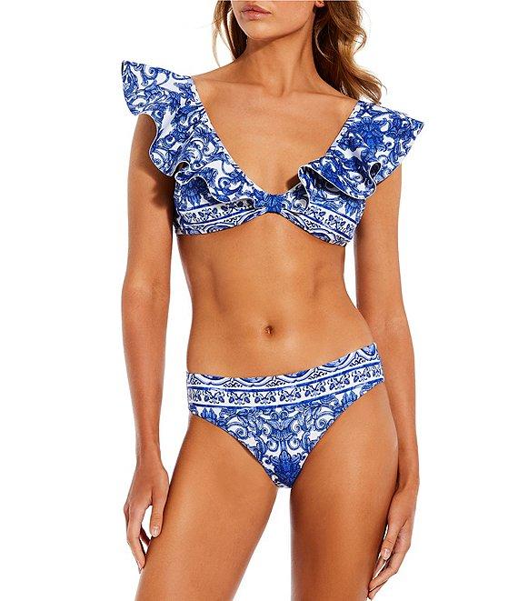 Antonio Melani Ornate Border Bonded Ruffle V-Neck Tie Back Bralette Swim Top Product Image