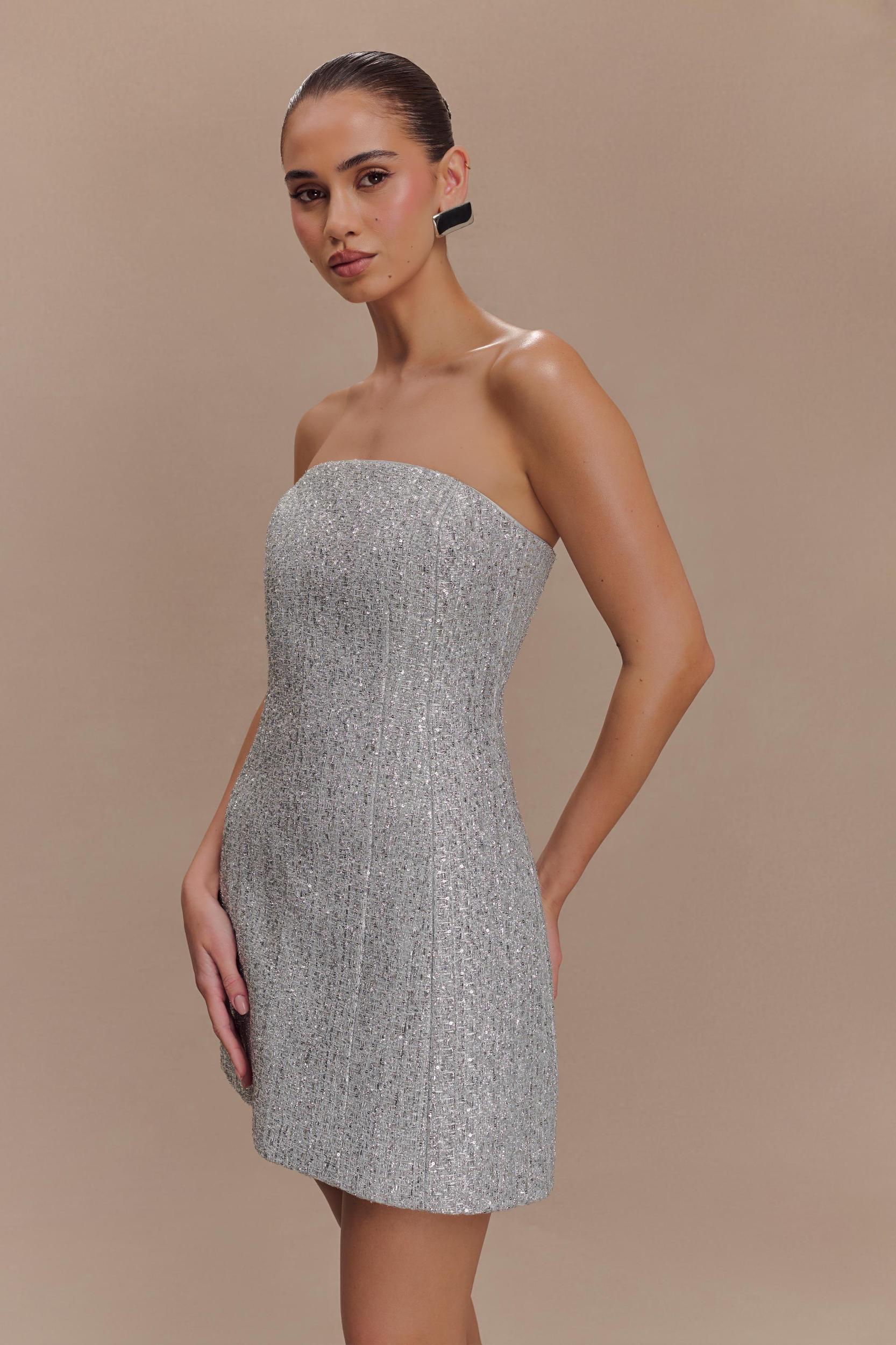 Gala Strapless Tweed Mini Dress - Silver Product Image