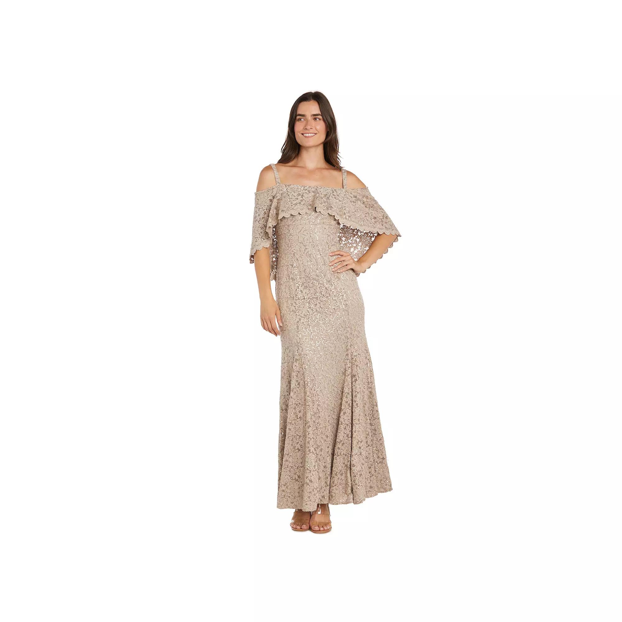 Womens R&M Richards Long Sequin Lace Mermaid Dress with Capelet Beige Product Image