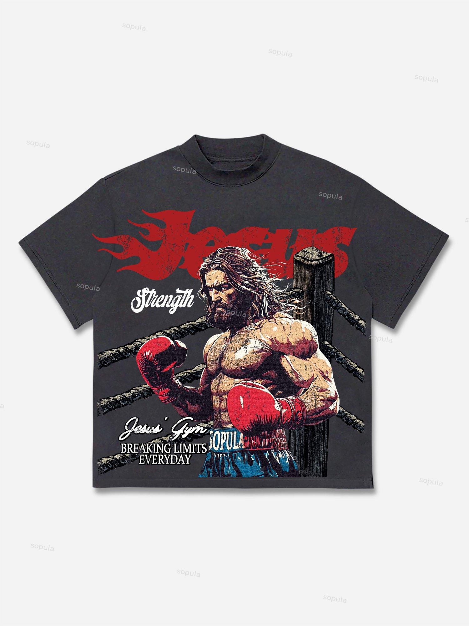 Jesus' Gym Boxer Graphic Print Cotton T-shirt Product Image