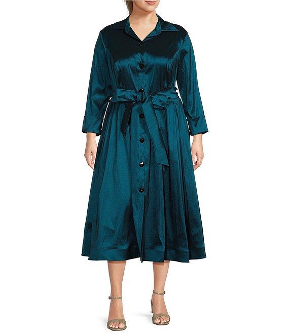Marina Plus Size 3/4 Sleeve Point Collar Neck Tie Waist Taffeta Midi A-Line Dress Product Image