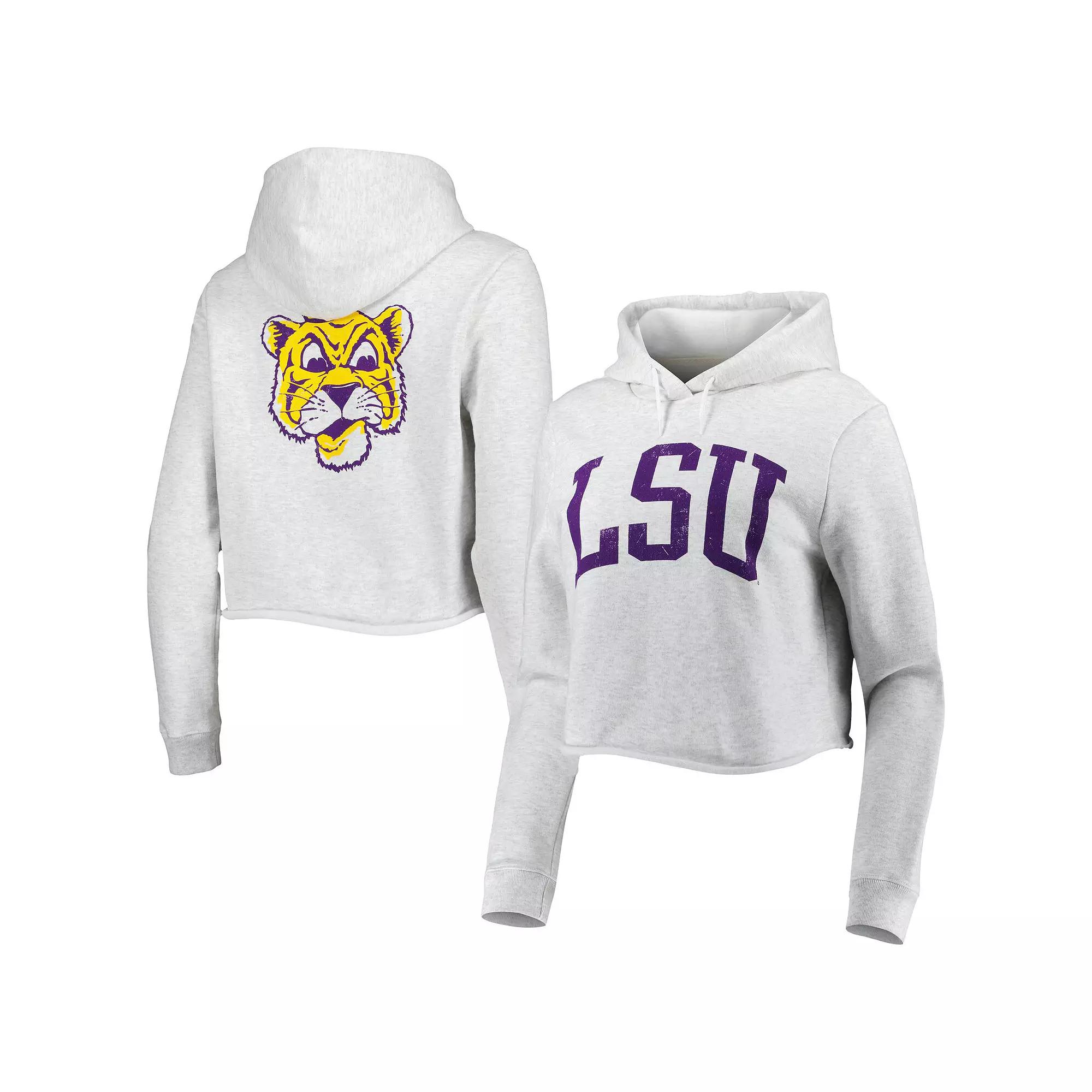 Women's League Collegiate Wear Ash LSU Tigers 2-Hit 1636 Cropped Pullover Hoodie, Size: XL, Black Product Image