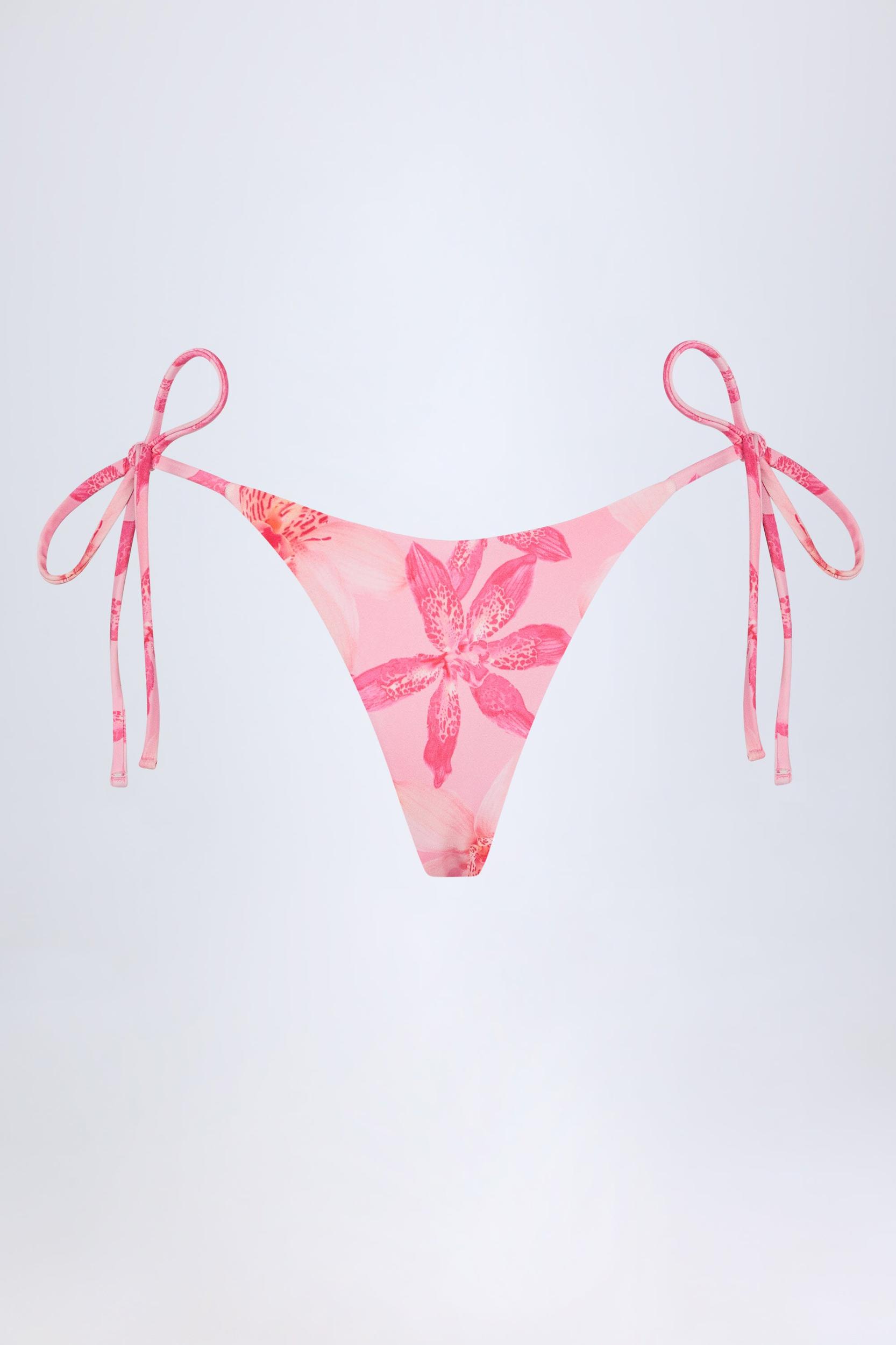Side-Tie Thong Bikini Bottoms in Pink Orchid Print Product Image