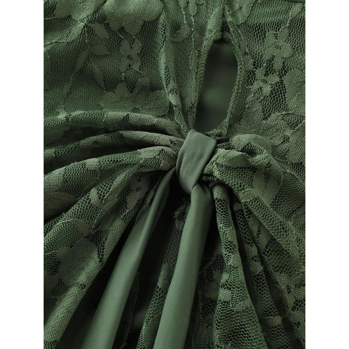 Plus Size Sheer Lace Knotted Asymmetrical Hem Swim Dress Women's Swimwear ArmyGreen Resort Bodycon Overlap Collar High stretch Curve Swim Dresses BloomChic 14-16/1X Product Image