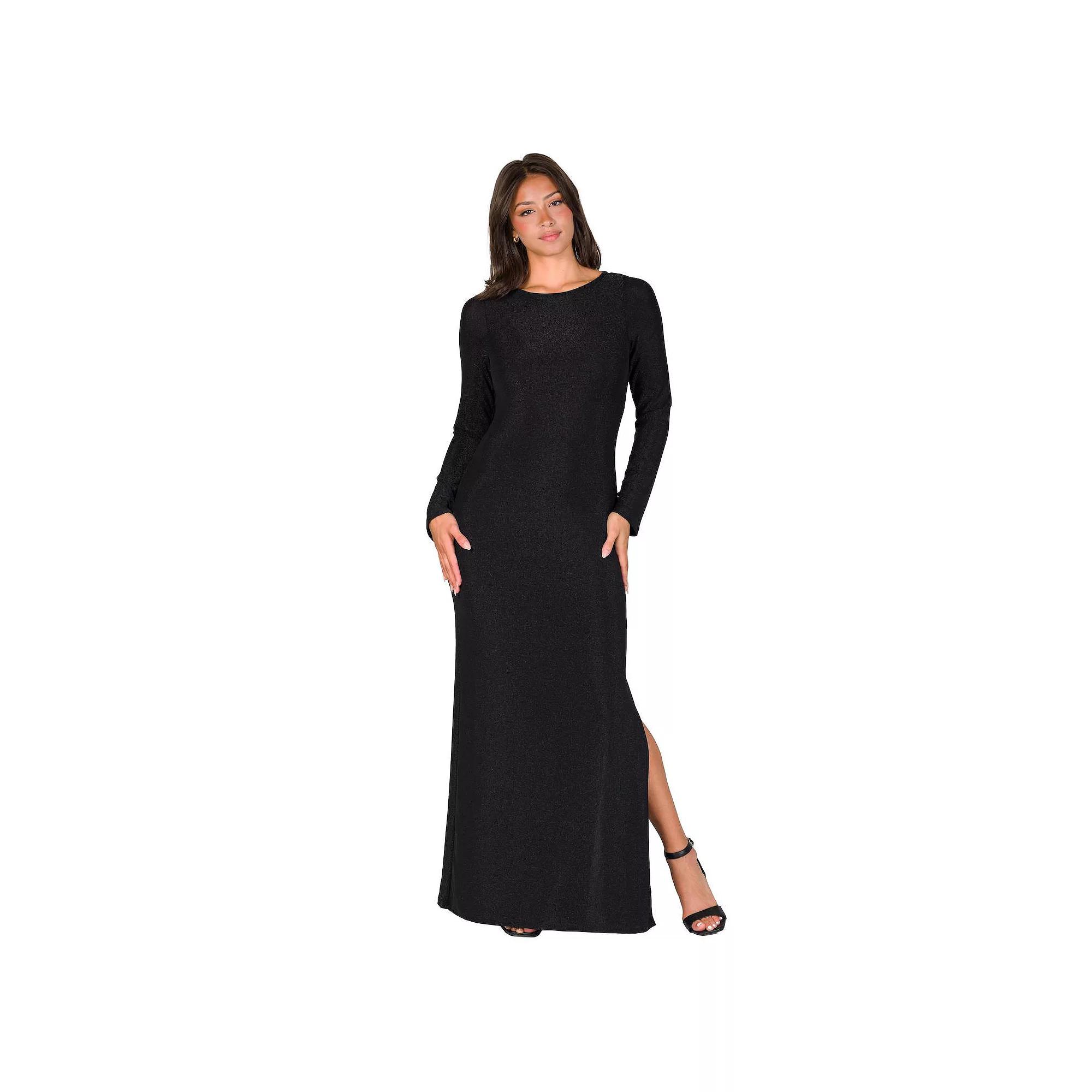 Women's 24Seven Comfort Apparel Long Sleeve Shimmer Side Slit Maxi Dress,  Product Image