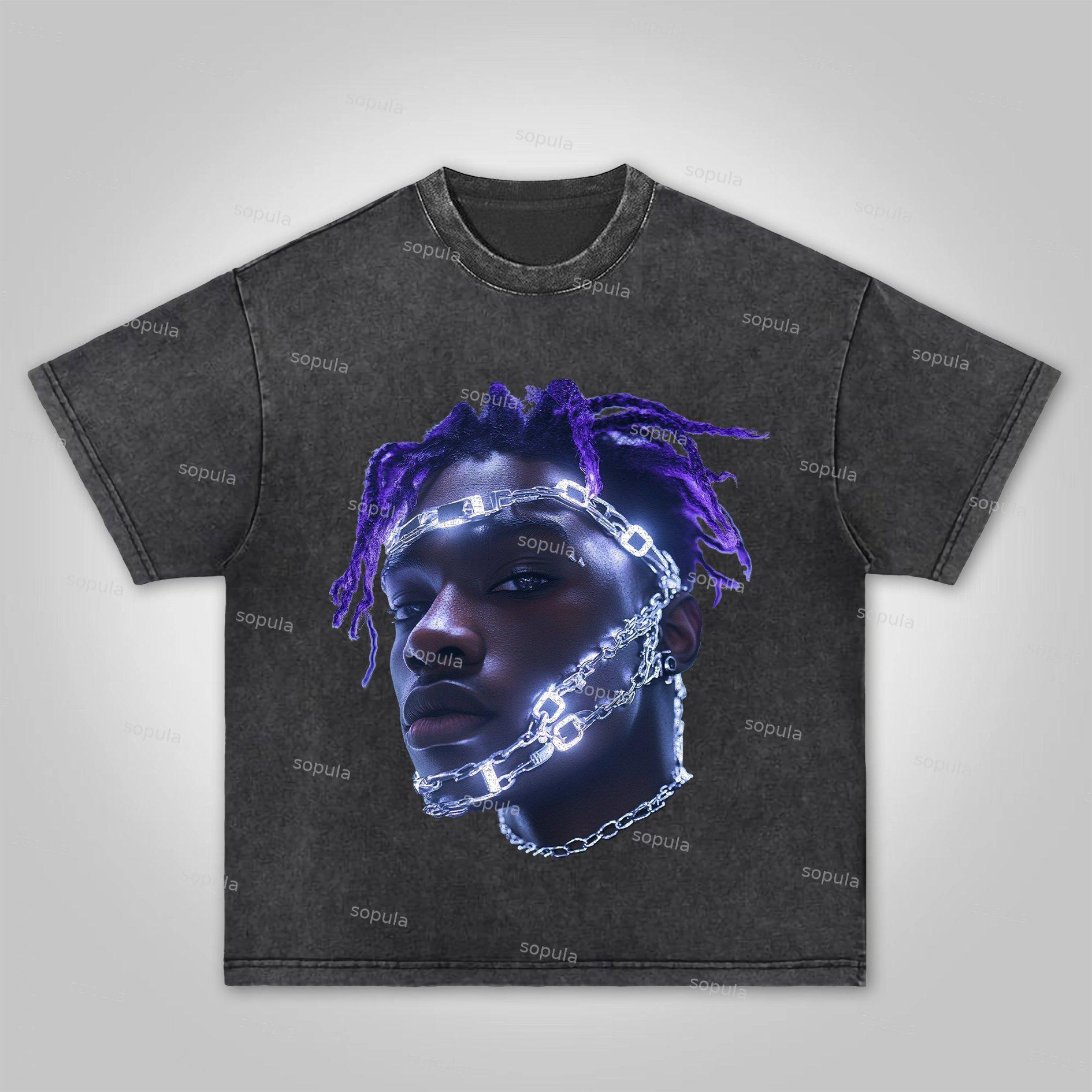 Sopula Vintage Sci-Fi Street Portrait Graphic Print Acid Washed T-Shirt Product Image