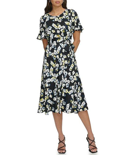 DKNY by Donna Karan Floral Crepe Satin Crew Neck Short Flutter Sleeve Tie Waist Midi Dress Product Image