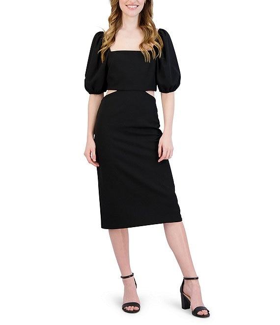 Julia Jordan Short Puffed Sleeve Square Neck Side Cut-Out Sheath Midi Dress Product Image