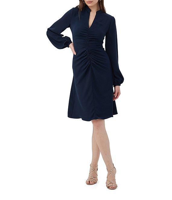 Trina Turk Lora Georgette Split V-Neck Long Blouson Sleeve Ruched Dress Product Image