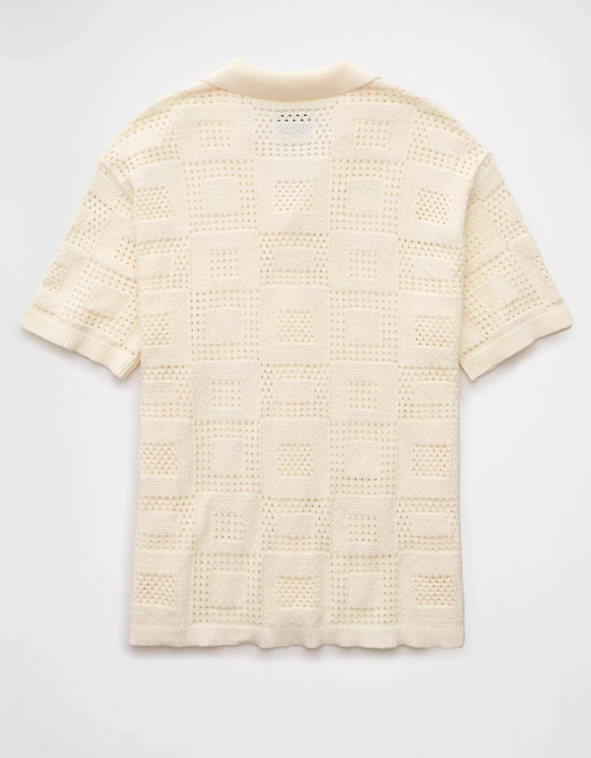 AE Weekend Textured Checkerboard Button-Up Sweater Polo Shirt Product Image