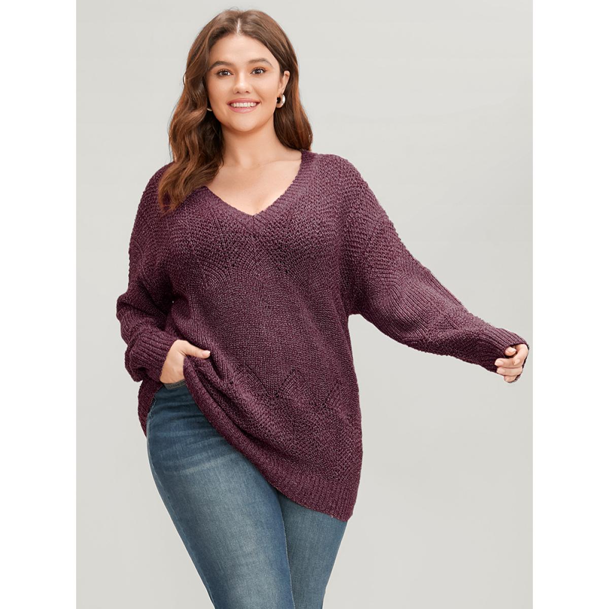 Plus Size Solid Pointelle Knit Eyelet V Neck Heather Knit Top Russet Women Elegant Loose Long Sleeve V-neck Dailywear Pullovers BloomChic 18-20/2X Product Image