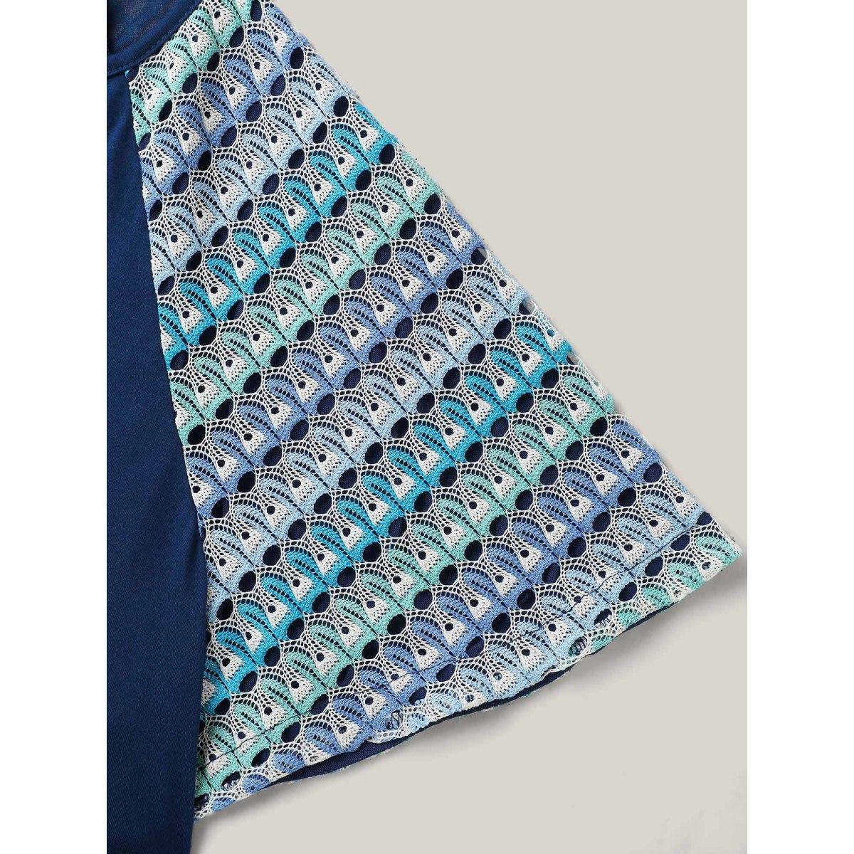 Plus Size Colorful Crochet Raglan Sleeve T-Shirt DarkBlue Women Texture Round Neck Vacation T-shirts BloomChic 14-16/1X Product Image