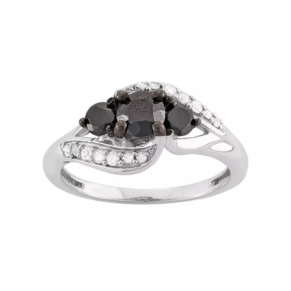 Jewelexcess 1 Carat T.W. Black & White Diamond Sterling Silver 3-Stone Ring, Women's, Size: 8 Product Image
