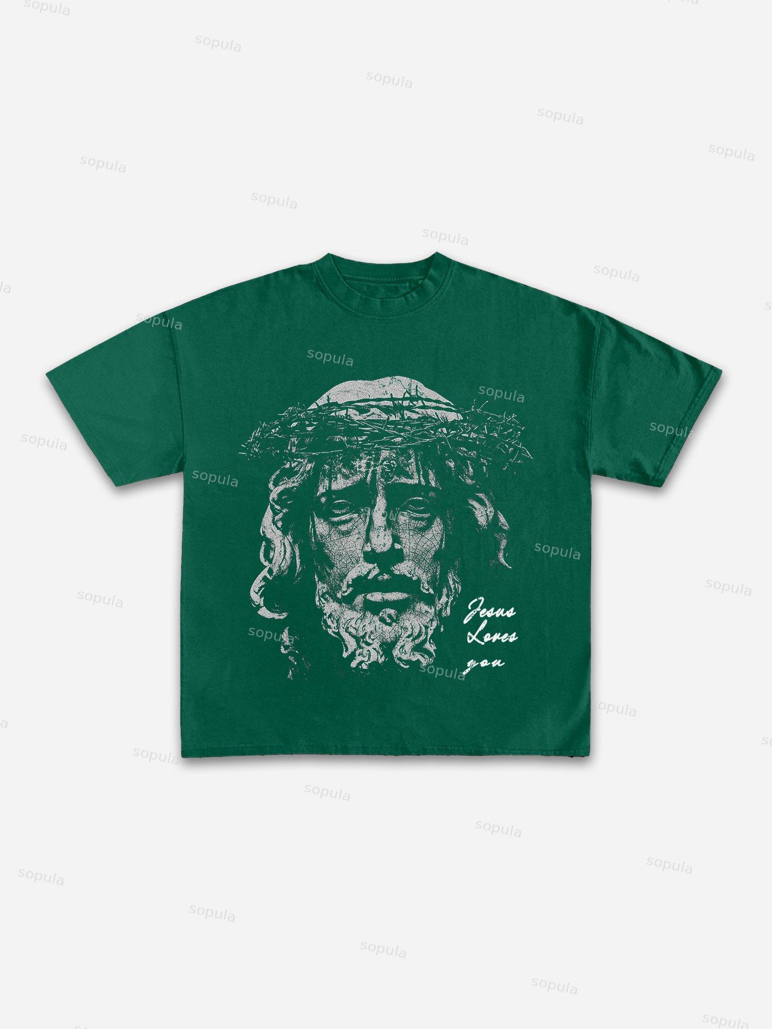 Jesus Portrait Print Cotton T-shirt Product Image
