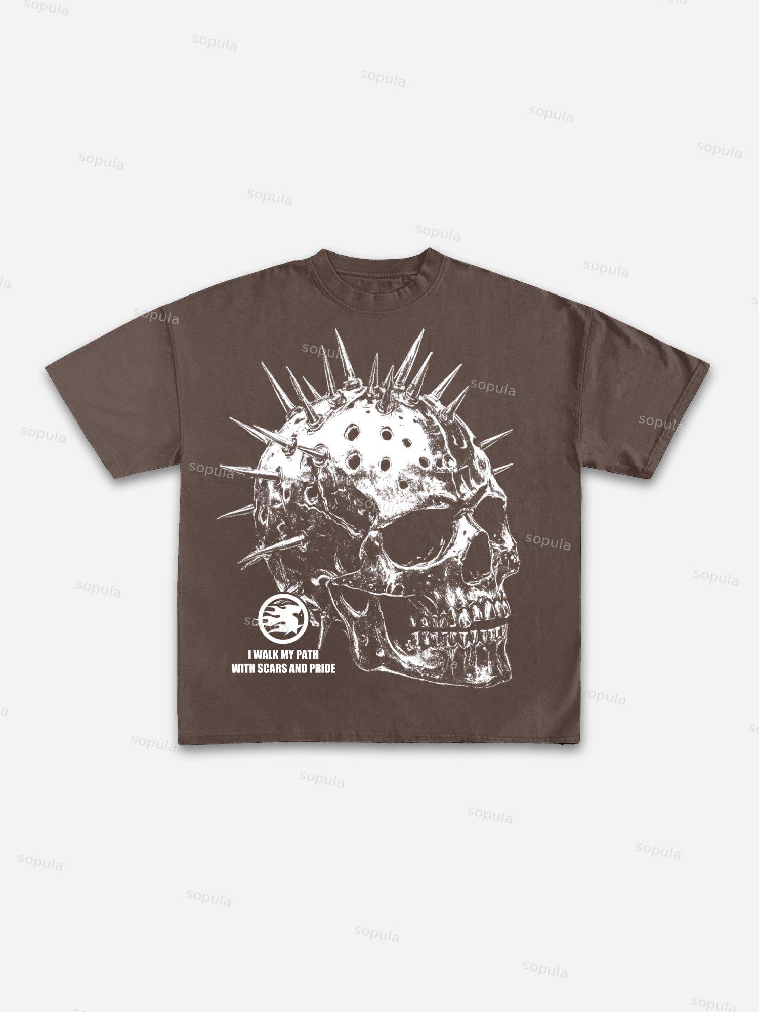 Metallic Spiked Skull Retro Graphic Cotton T-shirt Product Image