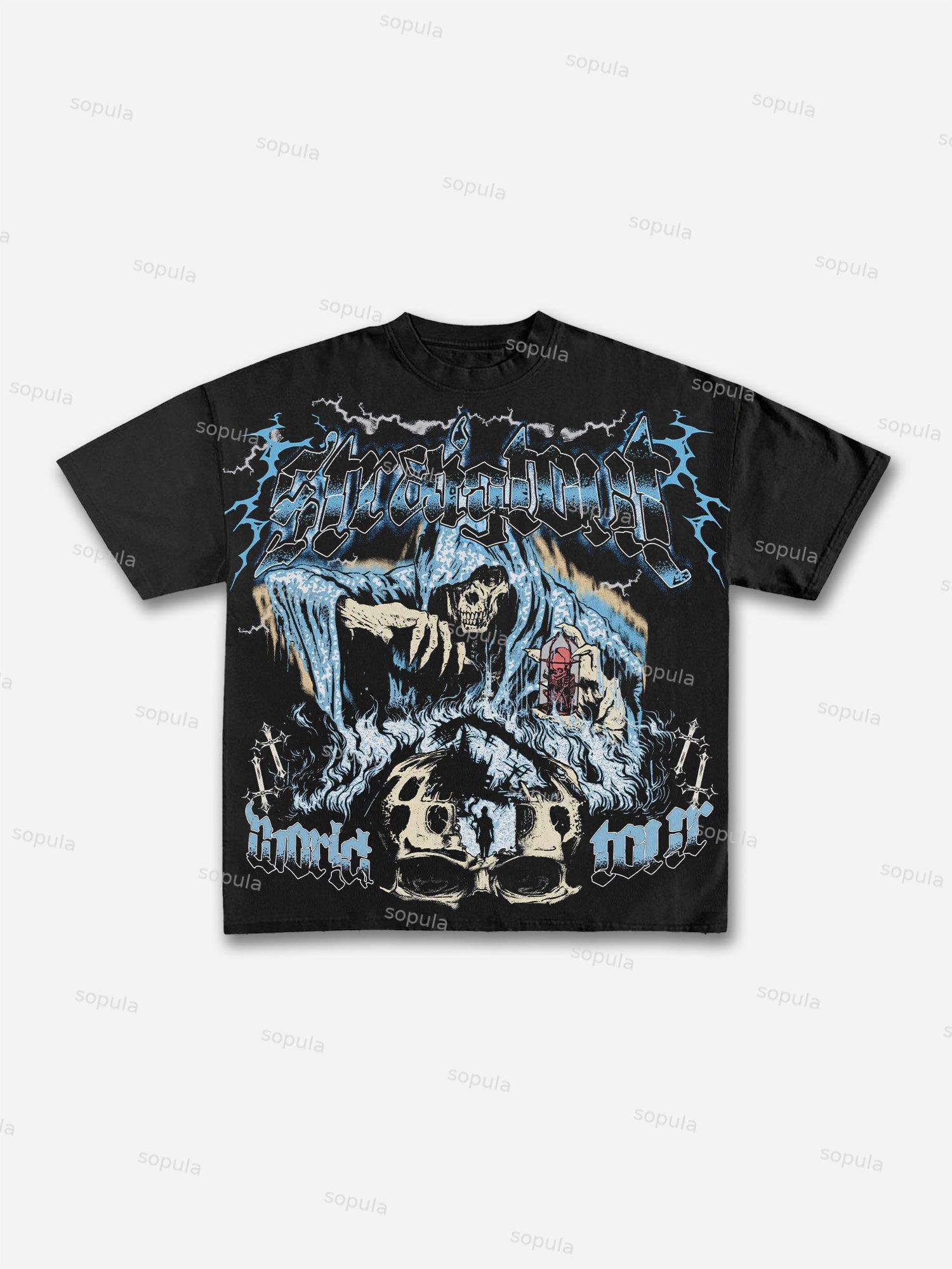 Vintage Grim Reaper Skull Graphic Print Cotton T-shirt Product Image