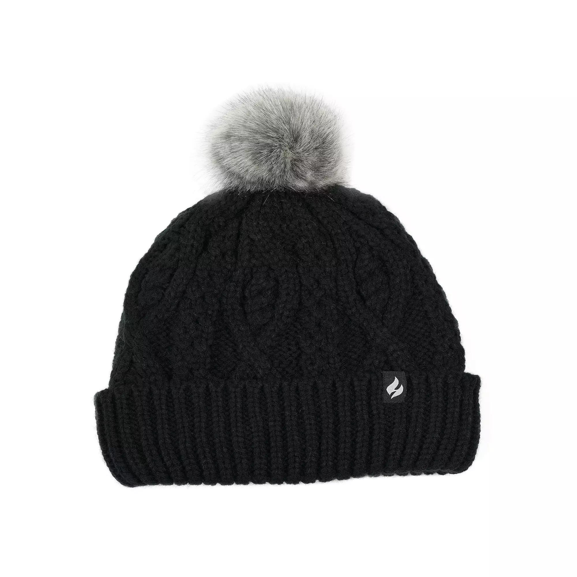 Women's Heat Holders Heatweaver Lined Cable Knit Pom Hat, Black Product Image