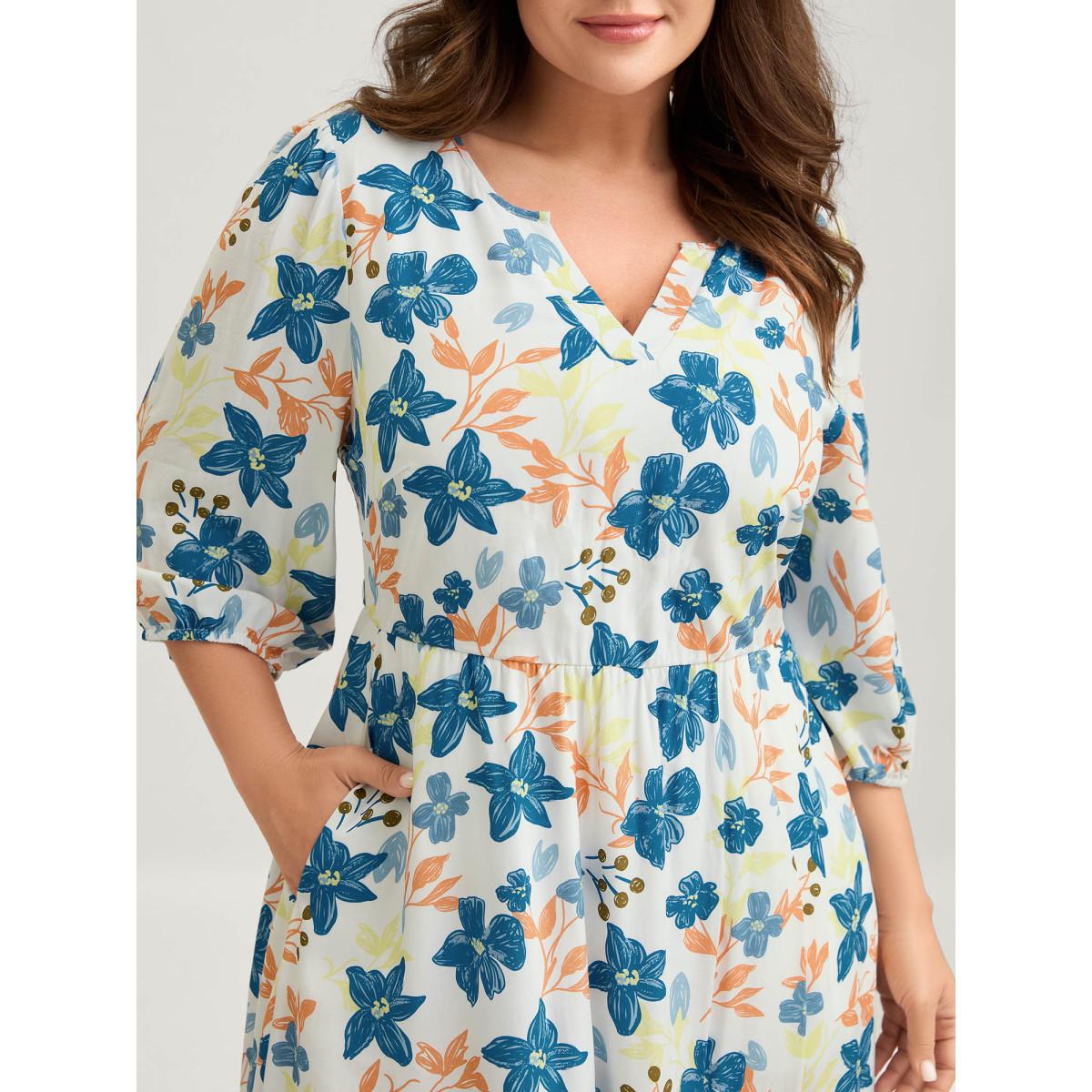 Plus Size Rayon Floral Stretchy Waist Pockets Midi Dress Multicolor Women Flat collar with V-notch Elbow-length sleeve Curvy BloomChic 14-16/1X Product Image