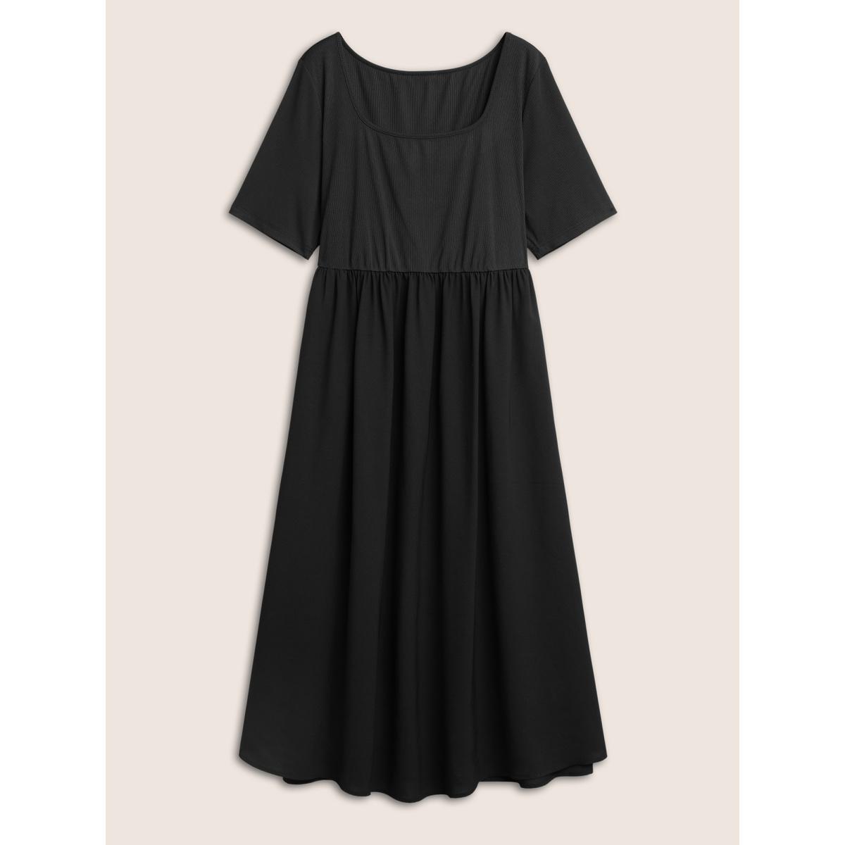 Plus Size Plain Square Neck Gathered Elastic Waist Dress Black Women Casual Non Square Neck Short sleeve Curvy Midi Dress BloomChic 22-24/3X Product Image