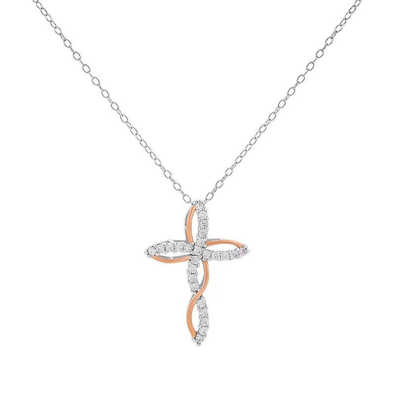 PRIMROSE Sterling Silver Cubic Zirconia Twisted Cross Pendant Necklace, Womens Two Tone Gold Clear Product Image