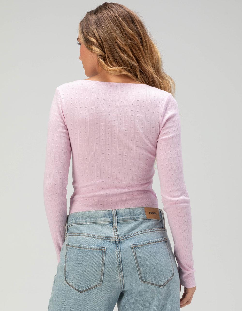 RSQ Womens Long Sleeve Pointelle Bow Cinch Top - PINK Product Image