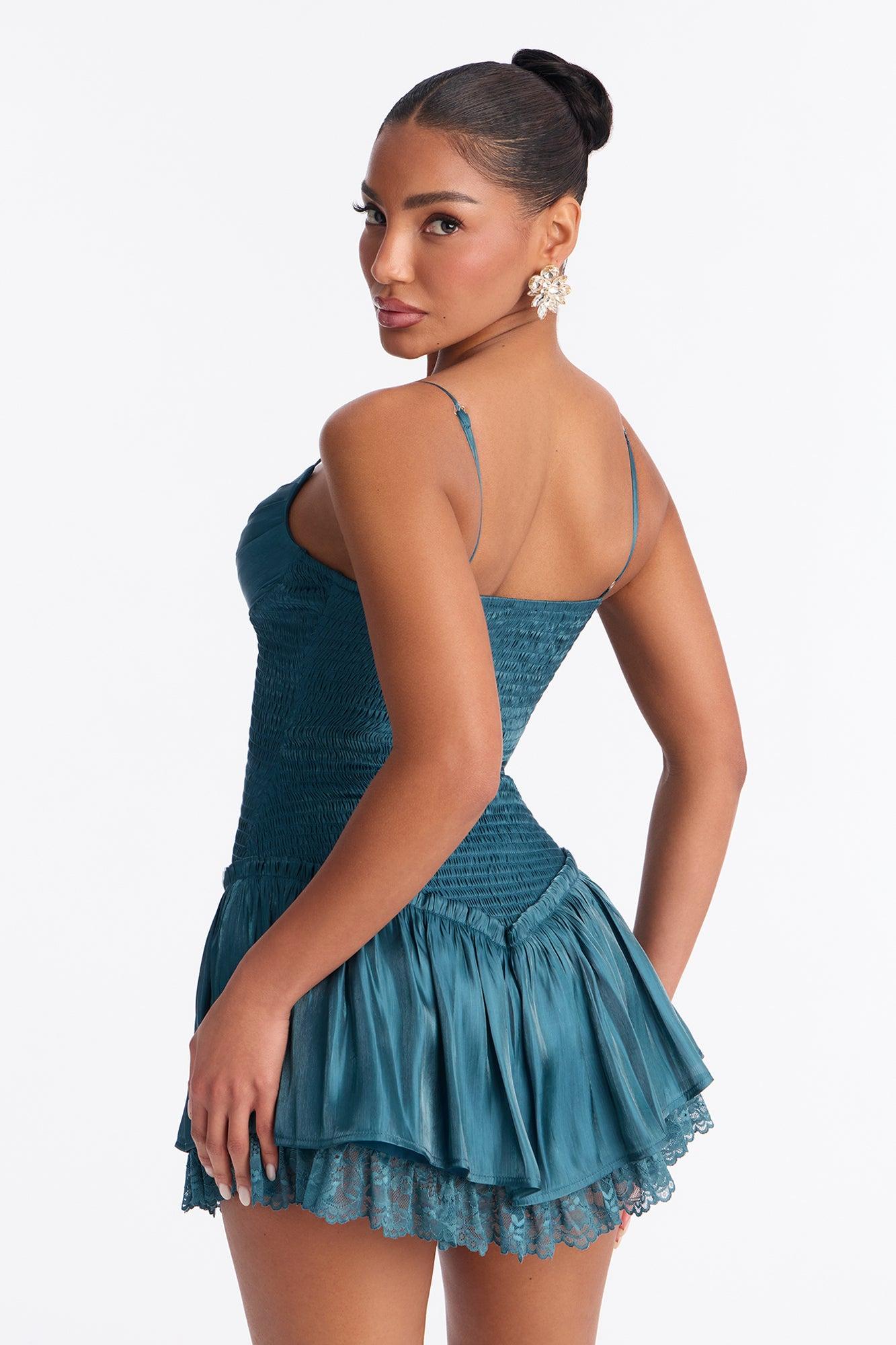 Dariana Cinched Waist Satin Mini Dress - Hunter Female Product Image