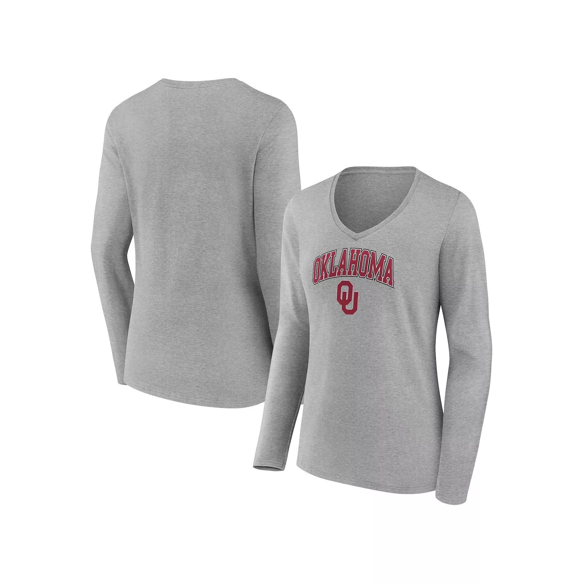 Women's Fanatics Branded Heather Gray Oklahoma Sooners Evergreen Campus Long Sleeve V-Neck T-Shirt, Size: Medium, Grey Product Image